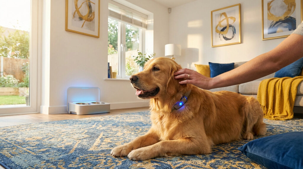 Golden retriever caressé, collier Pet Tech lumineux. Gamelle connectée et salon moderne et ensoleillé.